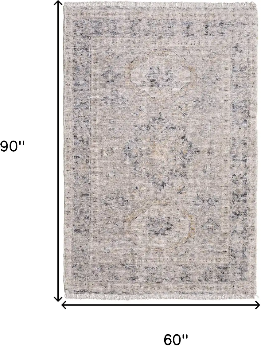 Tan and Gray Oriental Hand Woven Distressed Area Rug With Fringe Photo 3