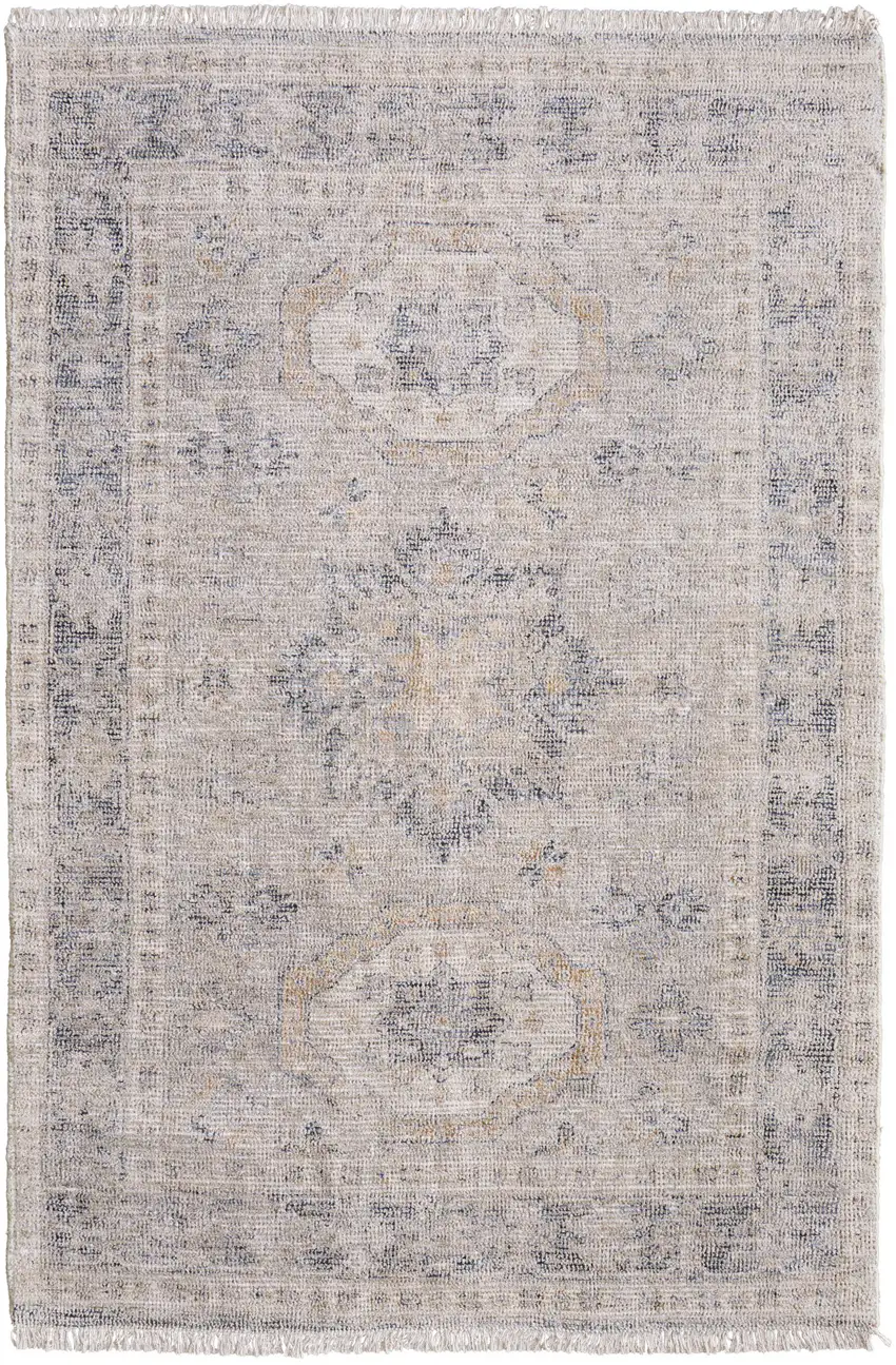 Tan and Gray Oriental Hand Woven Distressed Area Rug With Fringe Photo 2