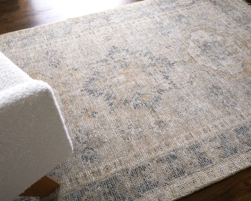 Tan and Gray Oriental Hand Woven Distressed Area Rug With Fringe Photo 9