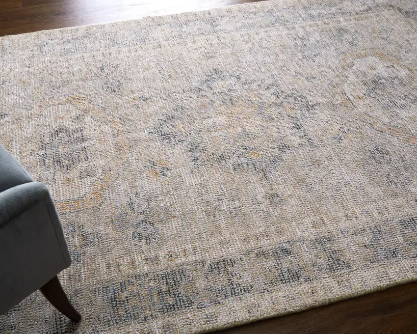 Tan and Gray Oriental Hand Woven Distressed Area Rug With Fringe Photo 5