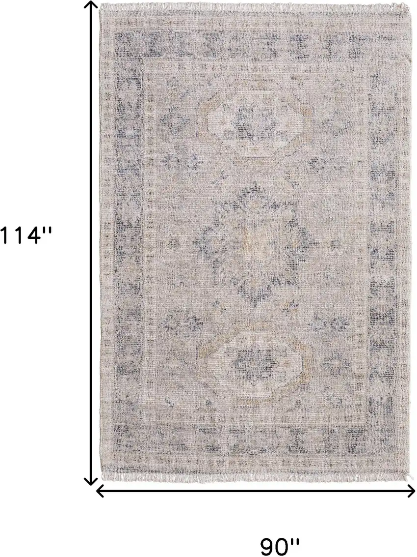 Tan and Gray Oriental Hand Woven Distressed Area Rug With Fringe Photo 3