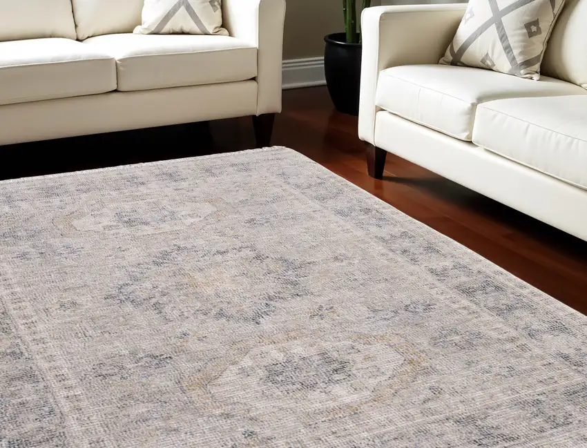 Tan and Gray Oriental Hand Woven Distressed Area Rug With Fringe Photo 1