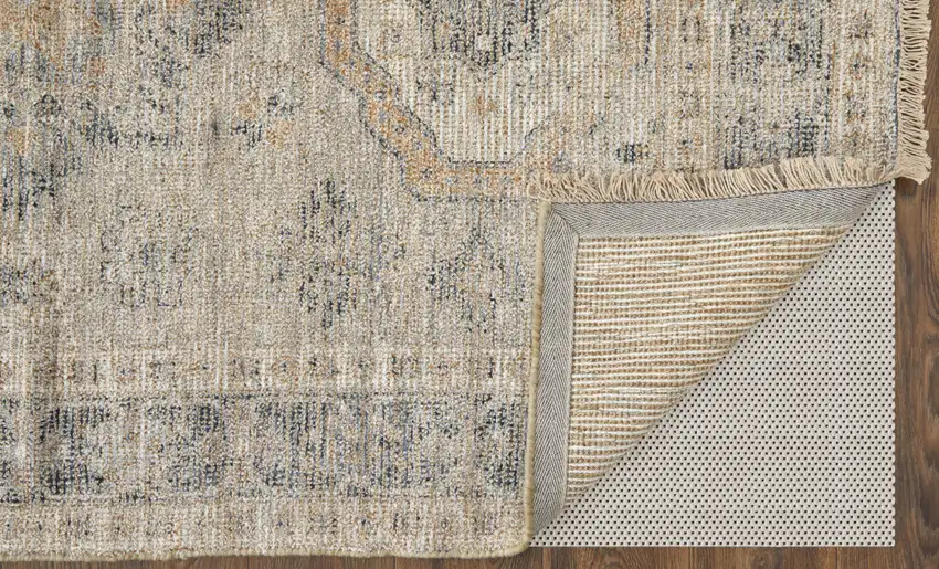 Tan and Gray Oriental Hand Woven Distressed Area Rug With Fringe Photo 8