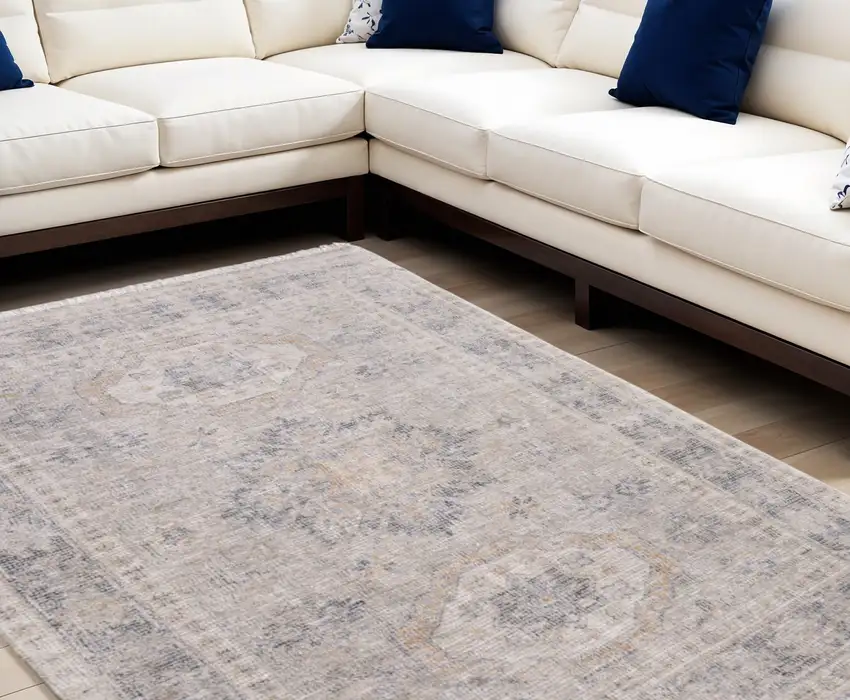 Tan and Gray Oriental Hand Woven Distressed Area Rug With Fringe Photo 1