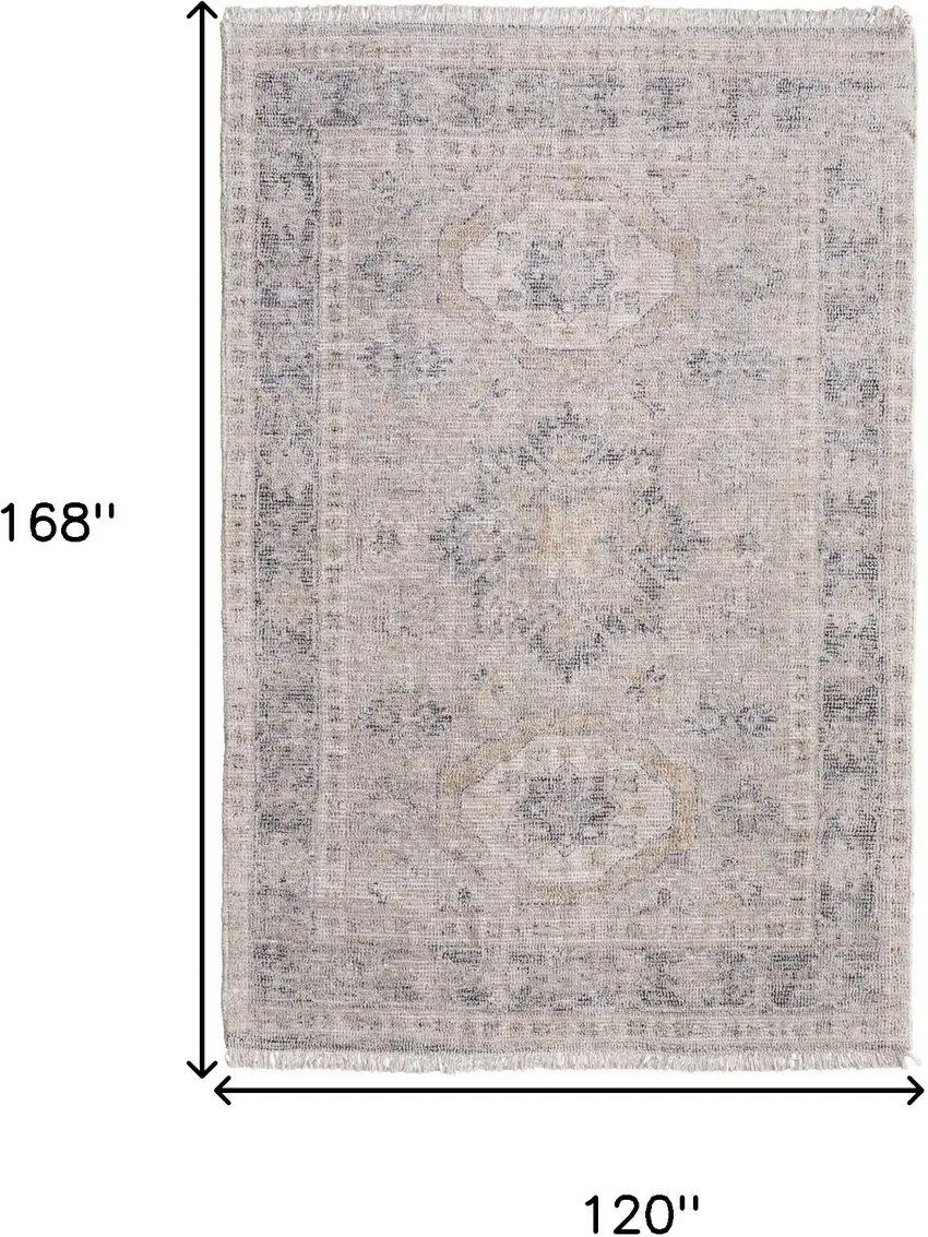 Tan and Gray Oriental Hand Woven Distressed Area Rug With Fringe Photo 3