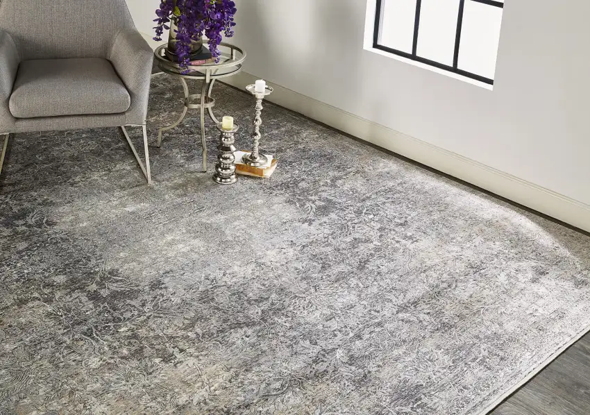 Tan and Gray Oriental Power Loom Worn Faded Area Rug Photo 9