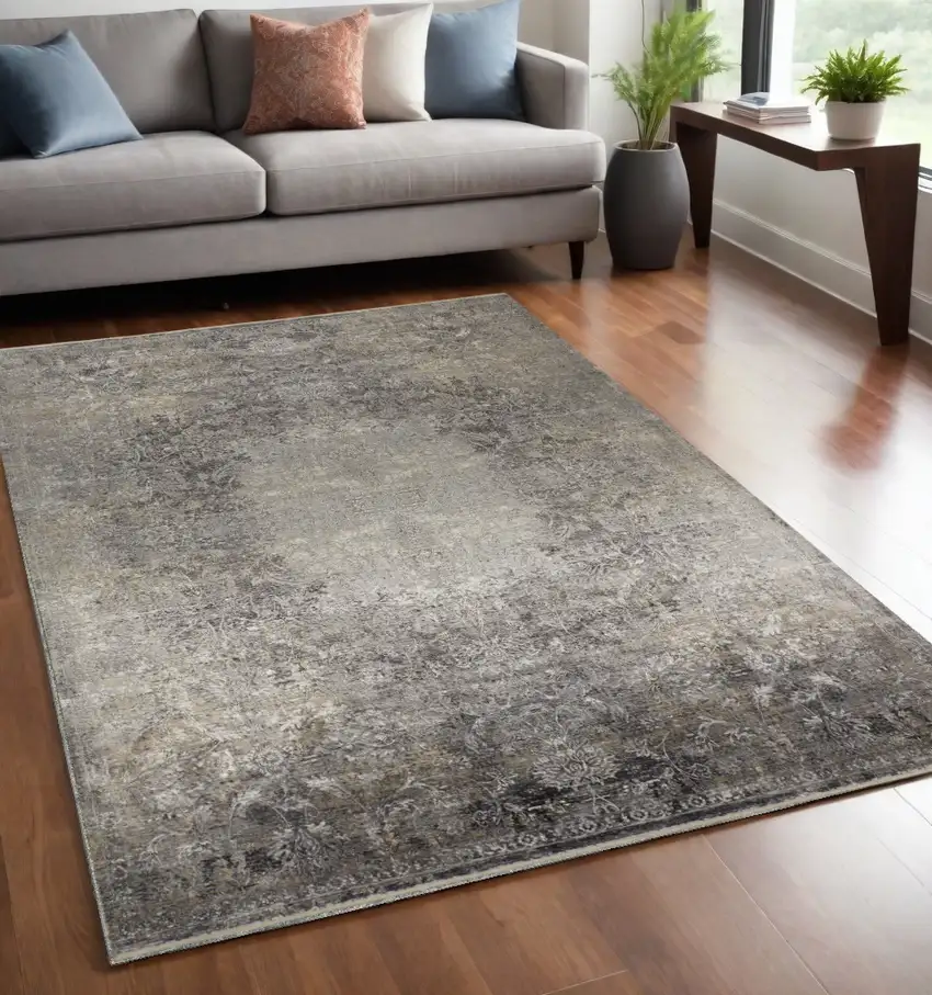 Tan and Gray Oriental Power Loom Worn Faded Area Rug Photo 1