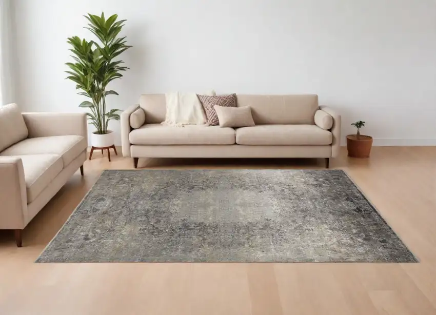 Tan and Gray Oriental Power Loom Worn Faded Area Rug Photo 1