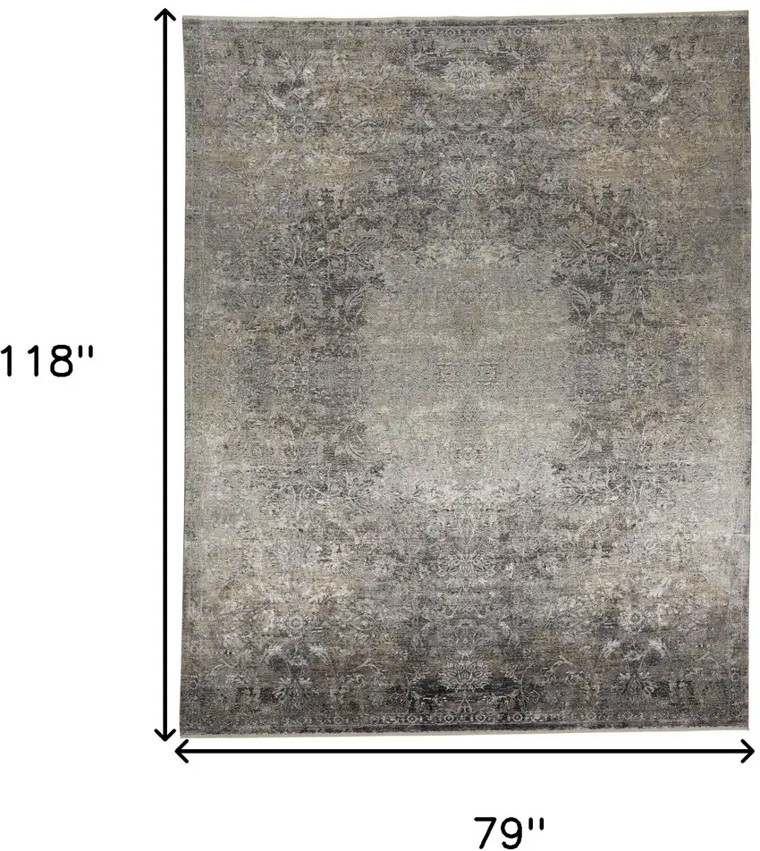 Tan and Gray Oriental Power Loom Worn Faded Area Rug Photo 3