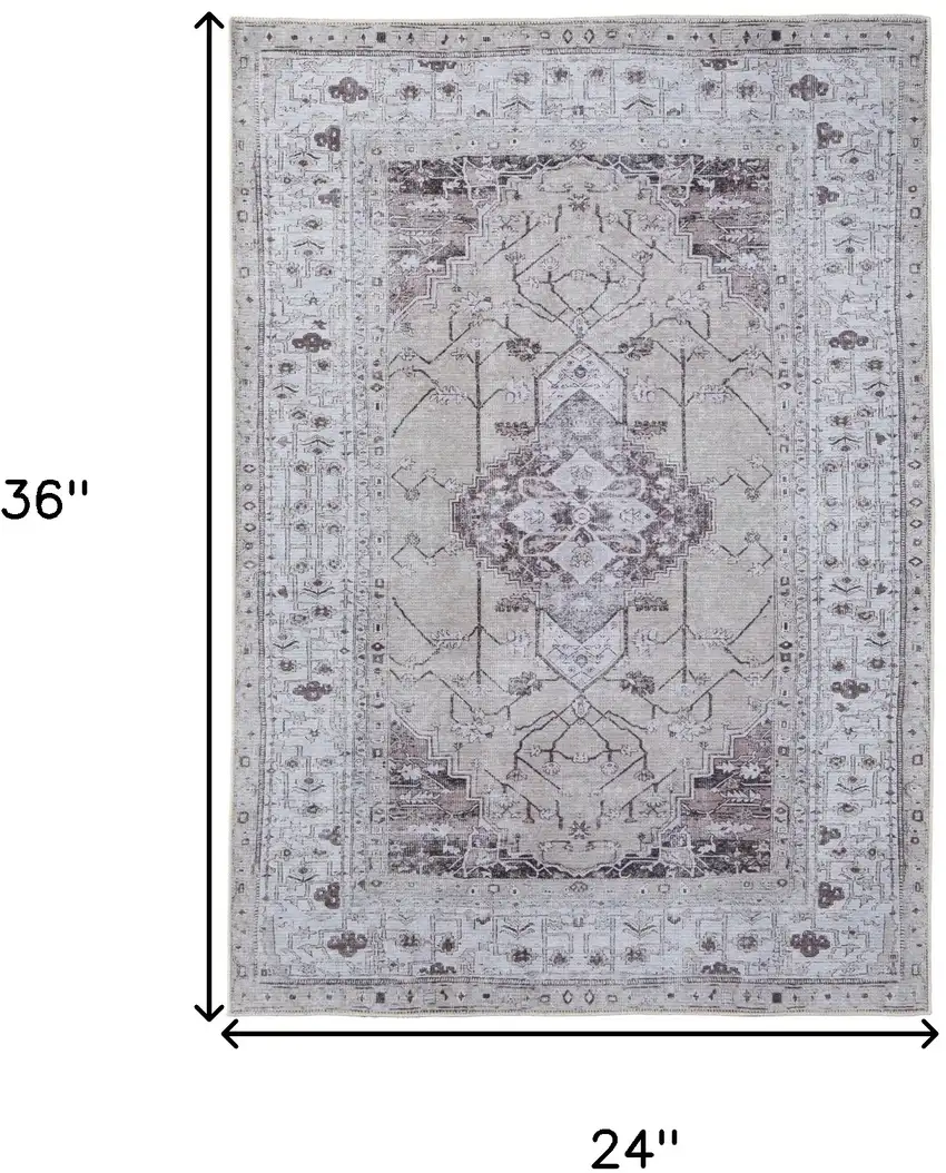 Tan and Gray Oriental Power Loom Worn Faded Washable Area Rug Photo 3