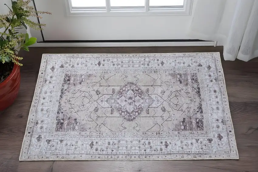 Tan and Gray Oriental Power Loom Worn Faded Washable Area Rug Photo 1