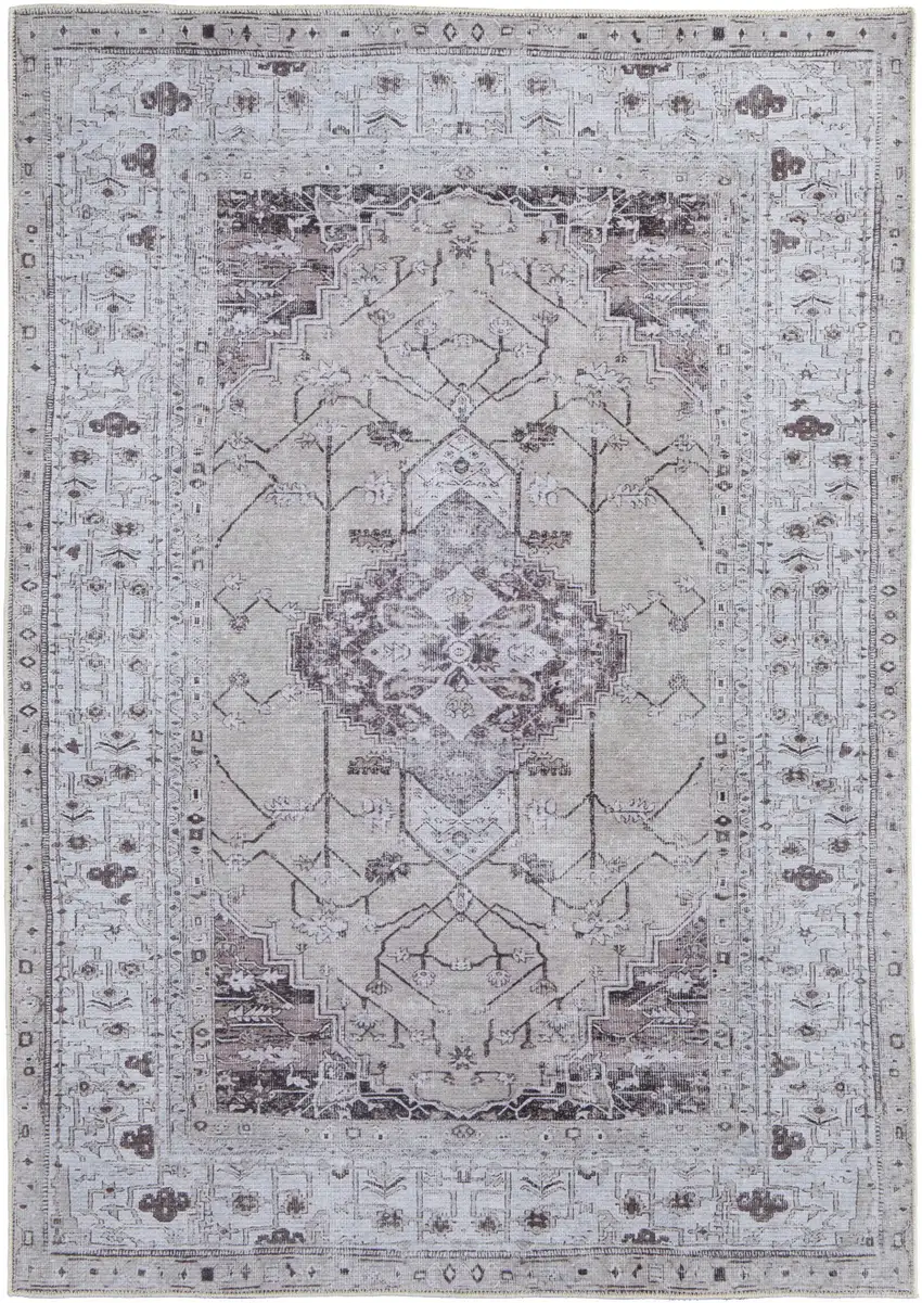 Tan and Gray Oriental Power Loom Worn Faded Washable Area Rug Photo 2