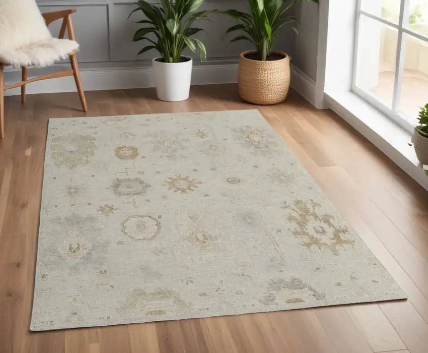 Tan and Gray Wool Floral Hand Knotted Area Rug Photo 1