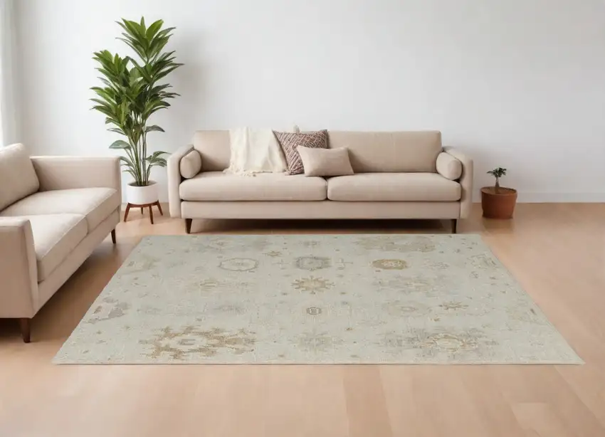 Tan and Gray Wool Floral Hand Knotted Area Rug Photo 1
