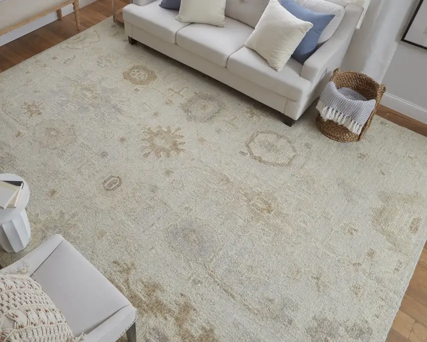 Tan and Gray Wool Floral Hand Knotted Area Rug Photo 8