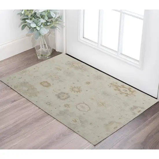 Tan and Gray Wool Floral Hand Knotted Area Rug Photo 1