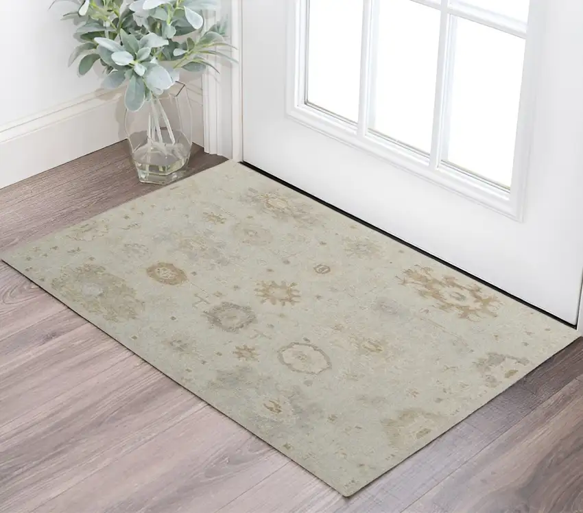 Tan and Gray Wool Floral Hand Knotted Area Rug Photo 1