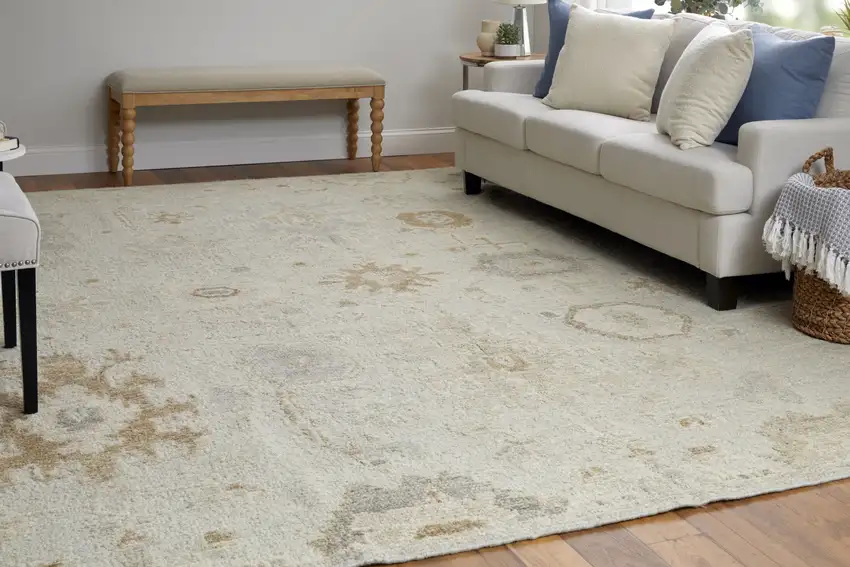 Tan and Gray Wool Floral Hand Knotted Area Rug Photo 9
