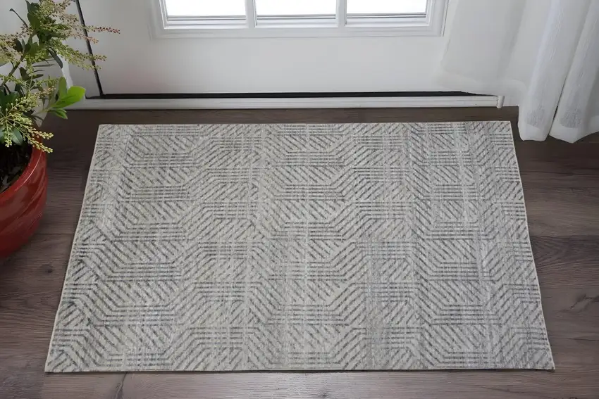 Tan and Gray Wool Geometric Hand Knotted Area Rug Photo 1