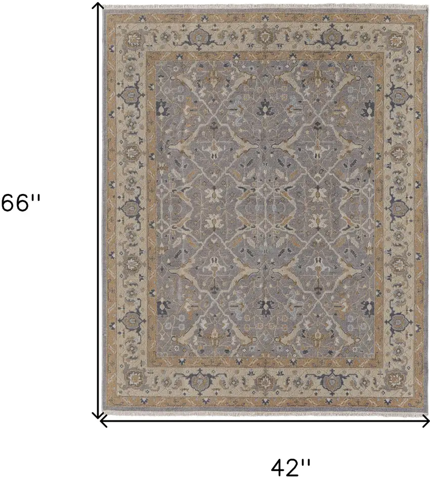 Tan and Gray Wool Oriental Hand Knotted Area Rug With Fringe Photo 3