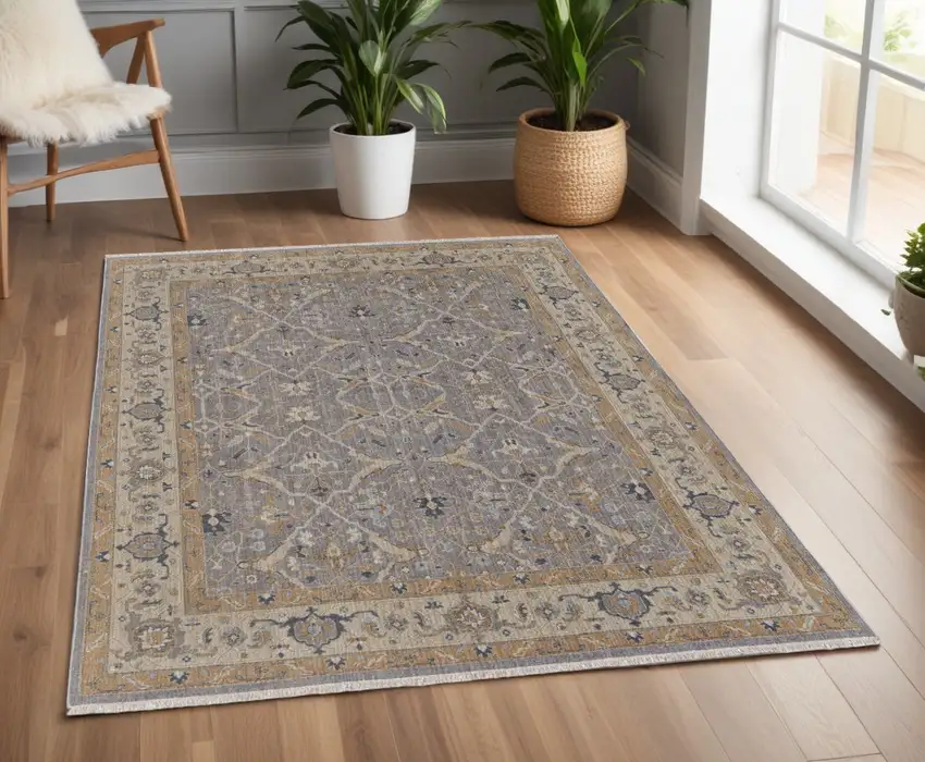 Tan and Gray Wool Oriental Hand Knotted Area Rug With Fringe Photo 1