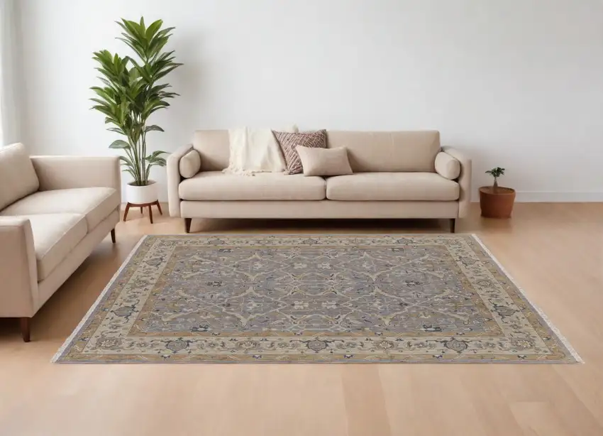 Tan and Gray Wool Oriental Hand Knotted Area Rug With Fringe Photo 1