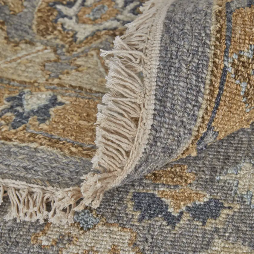 Tan and Gray Wool Oriental Hand Knotted Area Rug With Fringe Photo 7