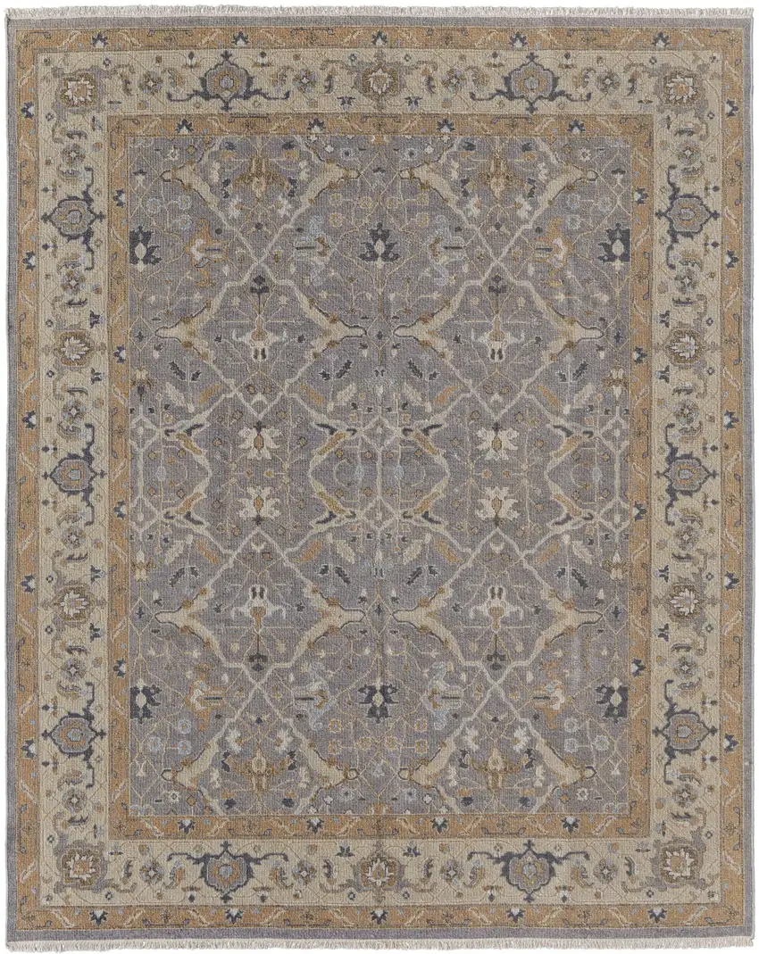 Tan and Gray Wool Oriental Hand Knotted Area Rug With Fringe Photo 6