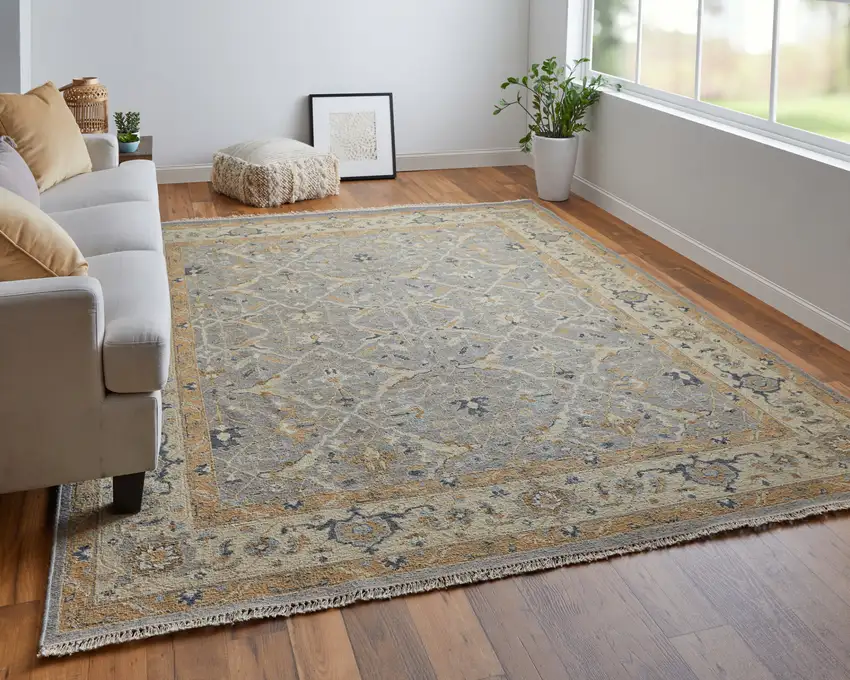 Tan and Gray Wool Oriental Hand Knotted Area Rug With Fringe Photo 8