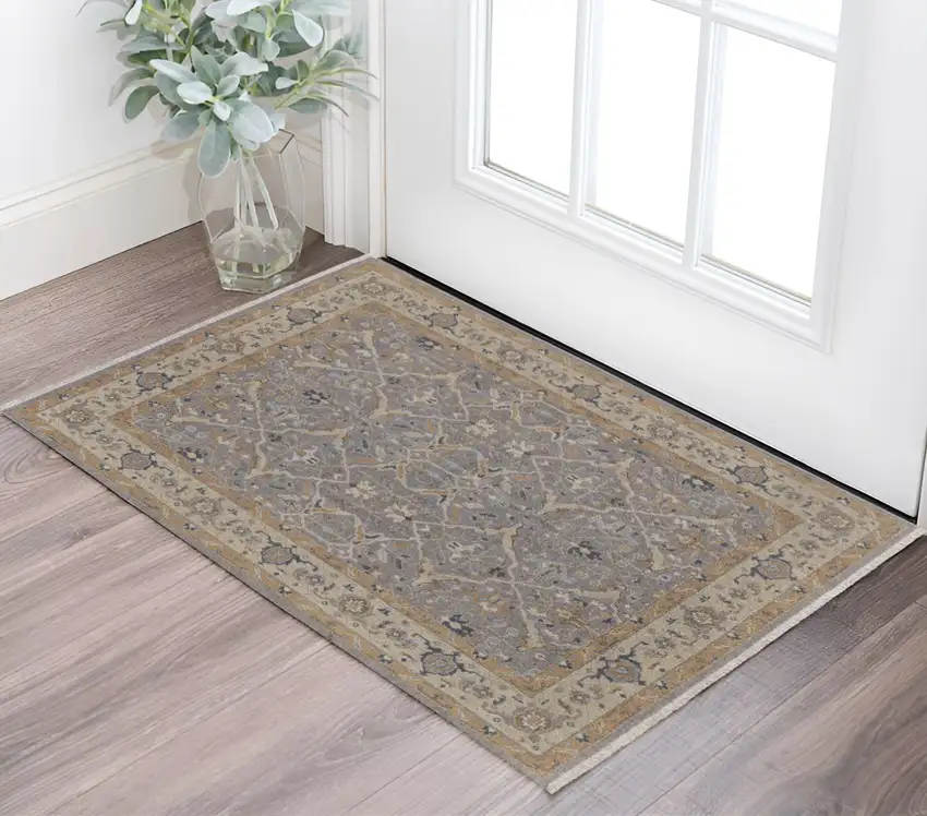 Tan and Gray Wool Oriental Hand Knotted Area Rug With Fringe Photo 1