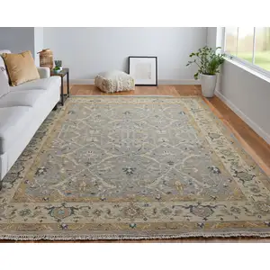 Photo of Tan and Gray Wool Oriental Hand Knotted Area Rug With Fringe