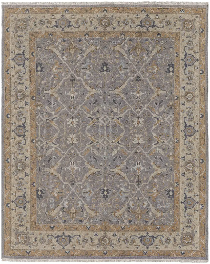 Tan and Gray Wool Oriental Hand Knotted Area Rug With Fringe Photo 2