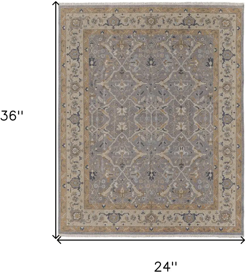 Tan and Gray Wool Oriental Hand Knotted Area Rug With Fringe Photo 3