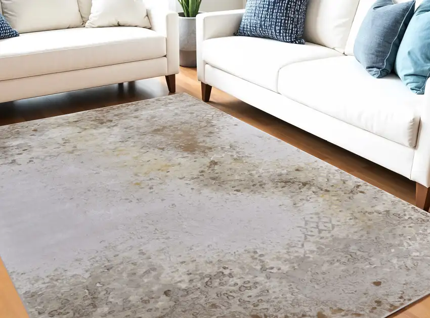 Tan and Ivory Abstract Power Loom Worn Faded Area Rug Photo 1