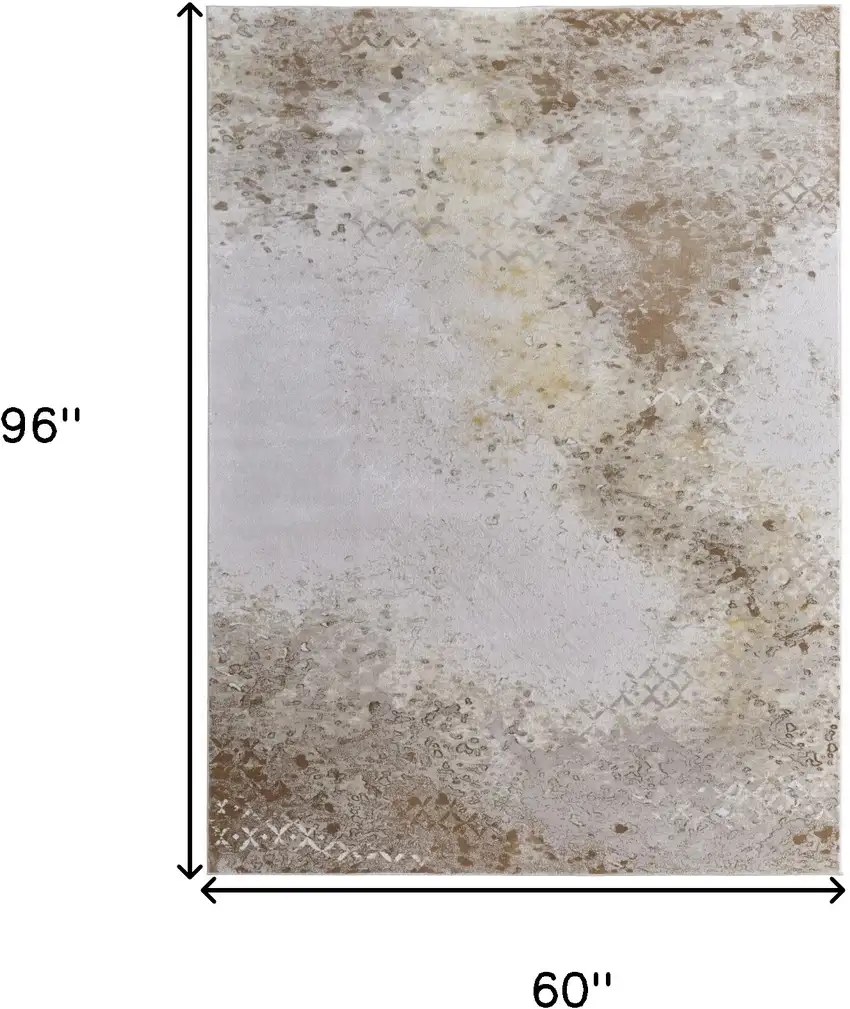 Tan and Ivory Abstract Power Loom Worn Faded Area Rug Photo 3