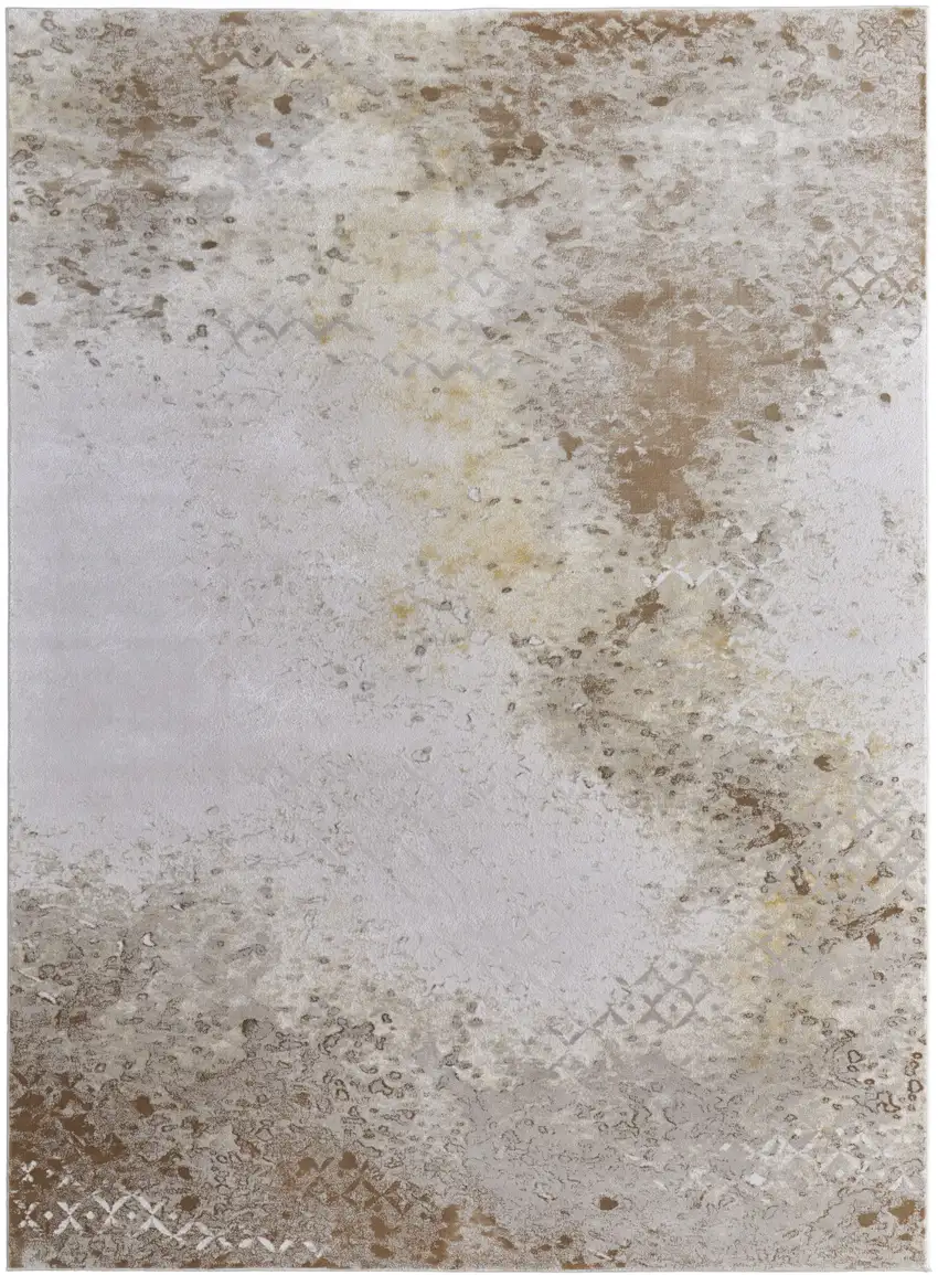 Tan and Ivory Abstract Power Loom Worn Faded Area Rug Photo 2
