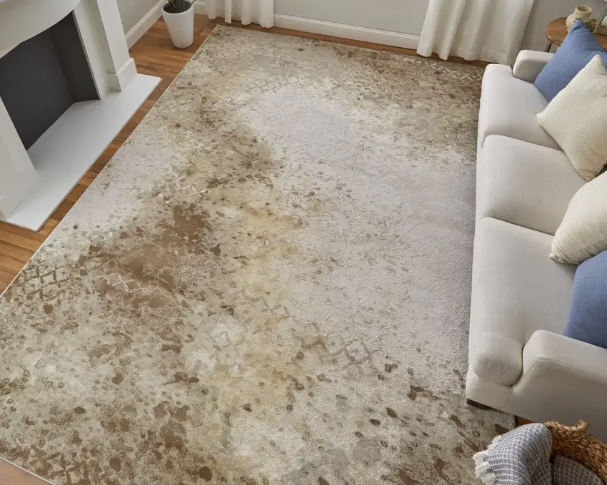 Tan and Ivory Abstract Power Loom Worn Faded Area Rug Photo 8