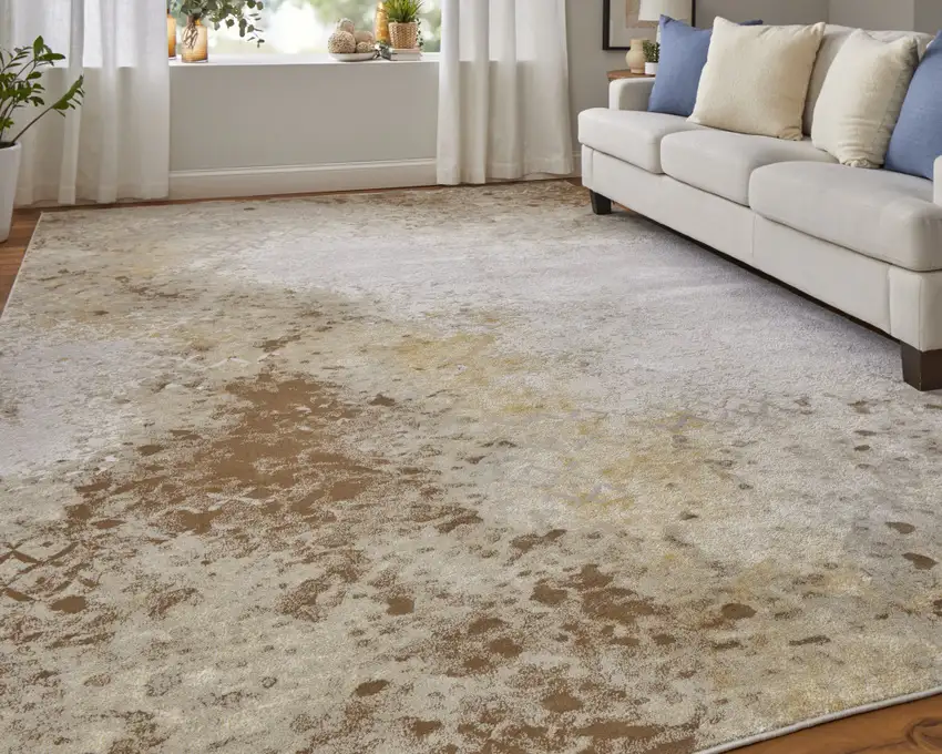 Tan and Ivory Abstract Power Loom Worn Faded Area Rug Photo 9