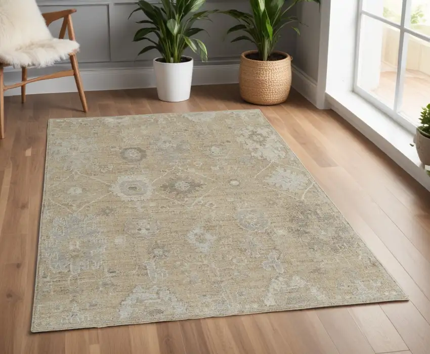 Tan and Ivory Wool Floral Hand Knotted Area Rug Photo 1