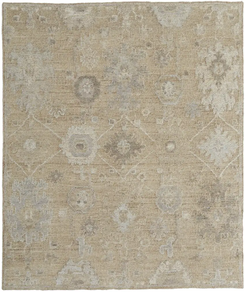 Tan and Ivory Wool Floral Hand Knotted Area Rug Photo 2