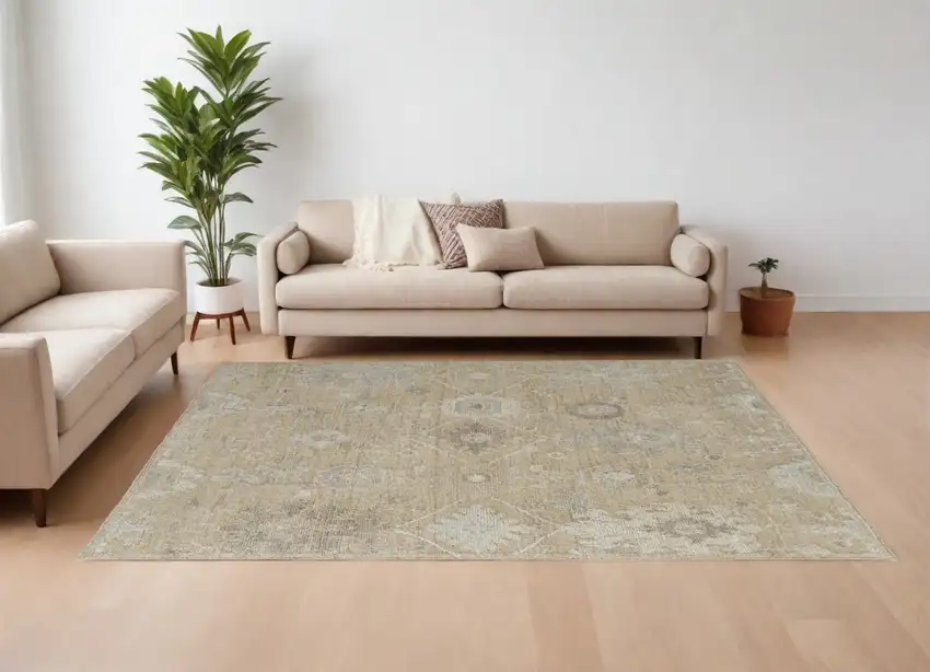 Tan and Ivory Wool Floral Hand Knotted Area Rug Photo 1