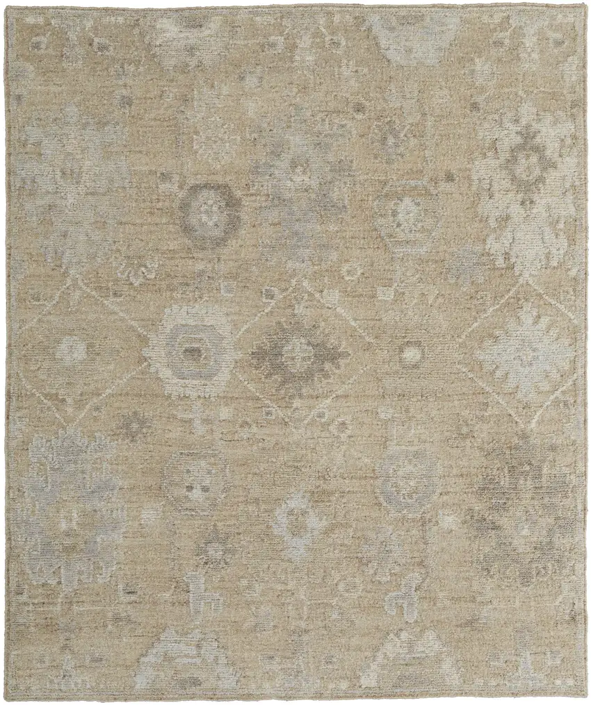 Tan and Ivory Wool Floral Hand Knotted Area Rug Photo 4