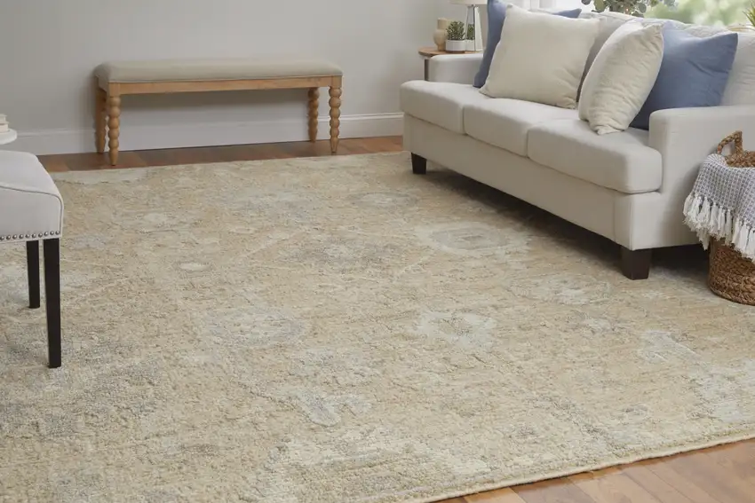 Tan and Ivory Wool Floral Hand Knotted Area Rug Photo 8
