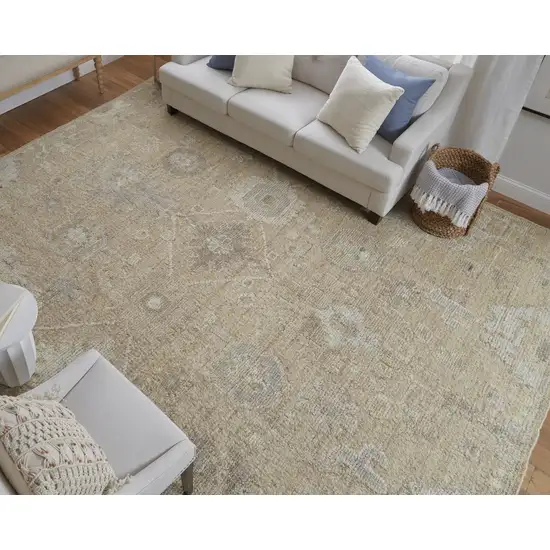 Tan and Ivory Wool Floral Hand Knotted Area Rug Photo 9