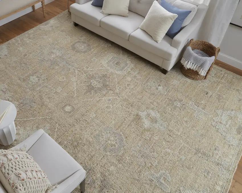 Tan and Ivory Wool Floral Hand Knotted Area Rug Photo 9