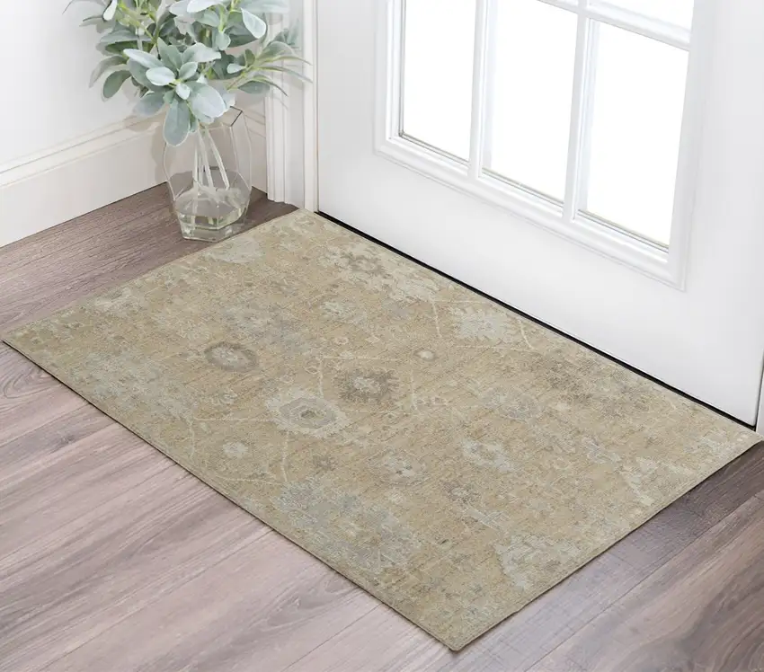 Tan and Ivory Wool Floral Hand Knotted Area Rug Photo 1