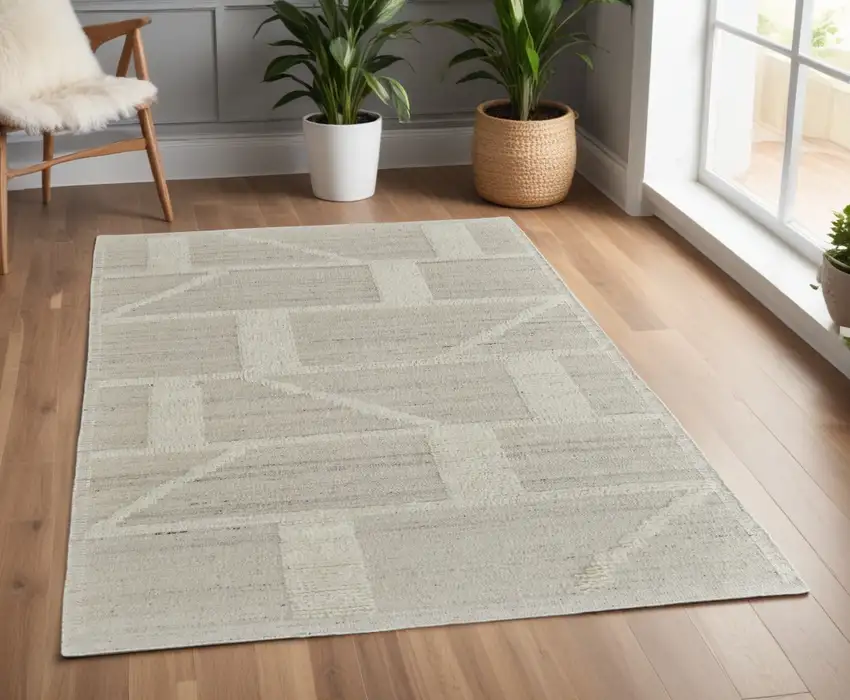 Tan and Ivory Wool Geometric Hand Woven Area Rug Photo 1