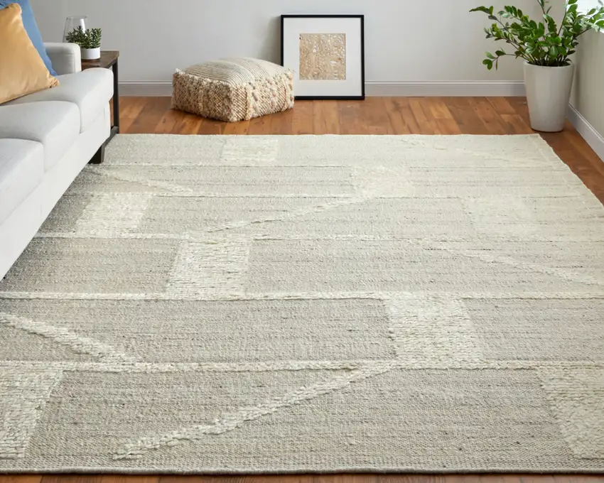 Tan and Ivory Wool Geometric Hand Woven Area Rug Photo 9