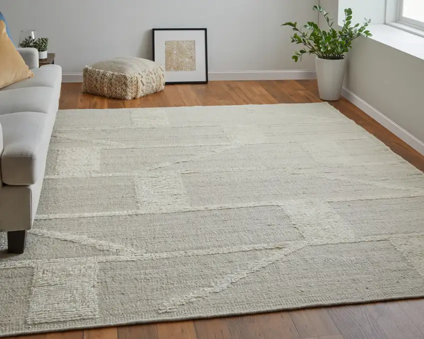 Tan and Ivory Wool Geometric Hand Woven Area Rug Photo 7