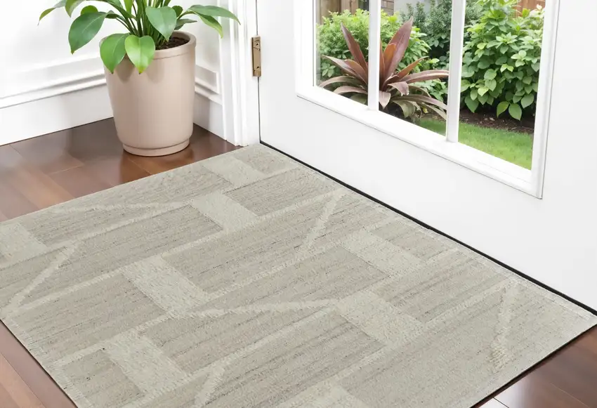 Tan and Ivory Wool Geometric Hand Woven Area Rug Photo 1